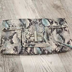 Gianni Bini Snakeskin Clutch in Cream, Black & Teal Accents